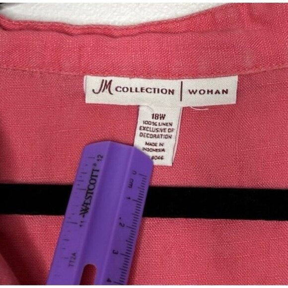 JM Collection Women’s Top Pink Beaded V Neck 100% Linen Plus Size 18W - Picture 3 of 9